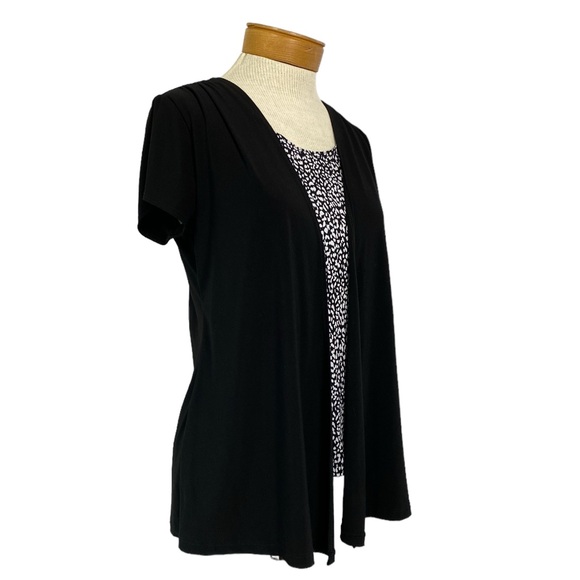 2 in 1 Short Sleeve Black Flyaway Cardigan, Attached Tank Black White Print Med - Picture 1 of 8